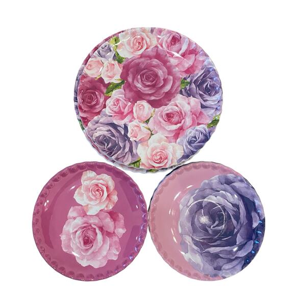 Jolie Fleur Floral Roses Melamine Dinner Plates 11in Set of 4 Spring New - Picture 14 of 16